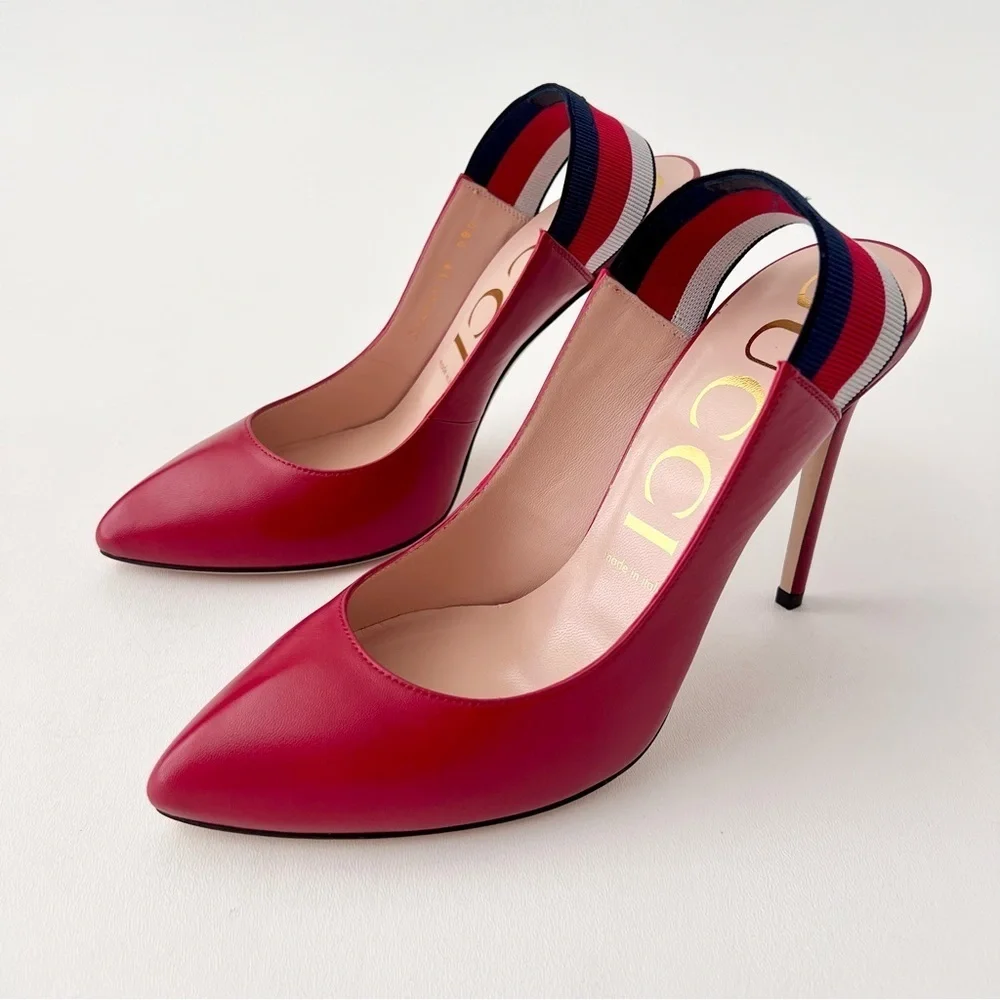 New‎ GUCCI | Sylvie Web Stripe Slingback Red Leather Pointed Pumps EU 39 US 9